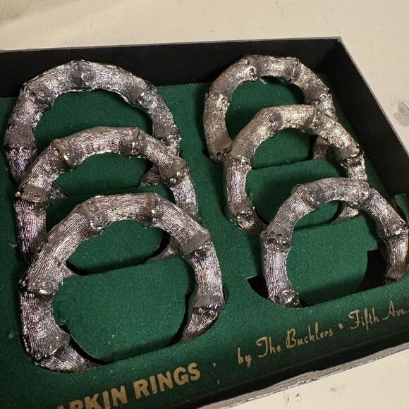 The Bucklers MCM Silver Tone Bamboo Napkin Ring Set of 6 Fifth Ave NY New Boxed - Picture 3 of 9